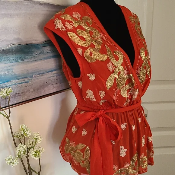 Free People Orange V neck  Peplum Blouse  sz XS - Picture 4 of 8